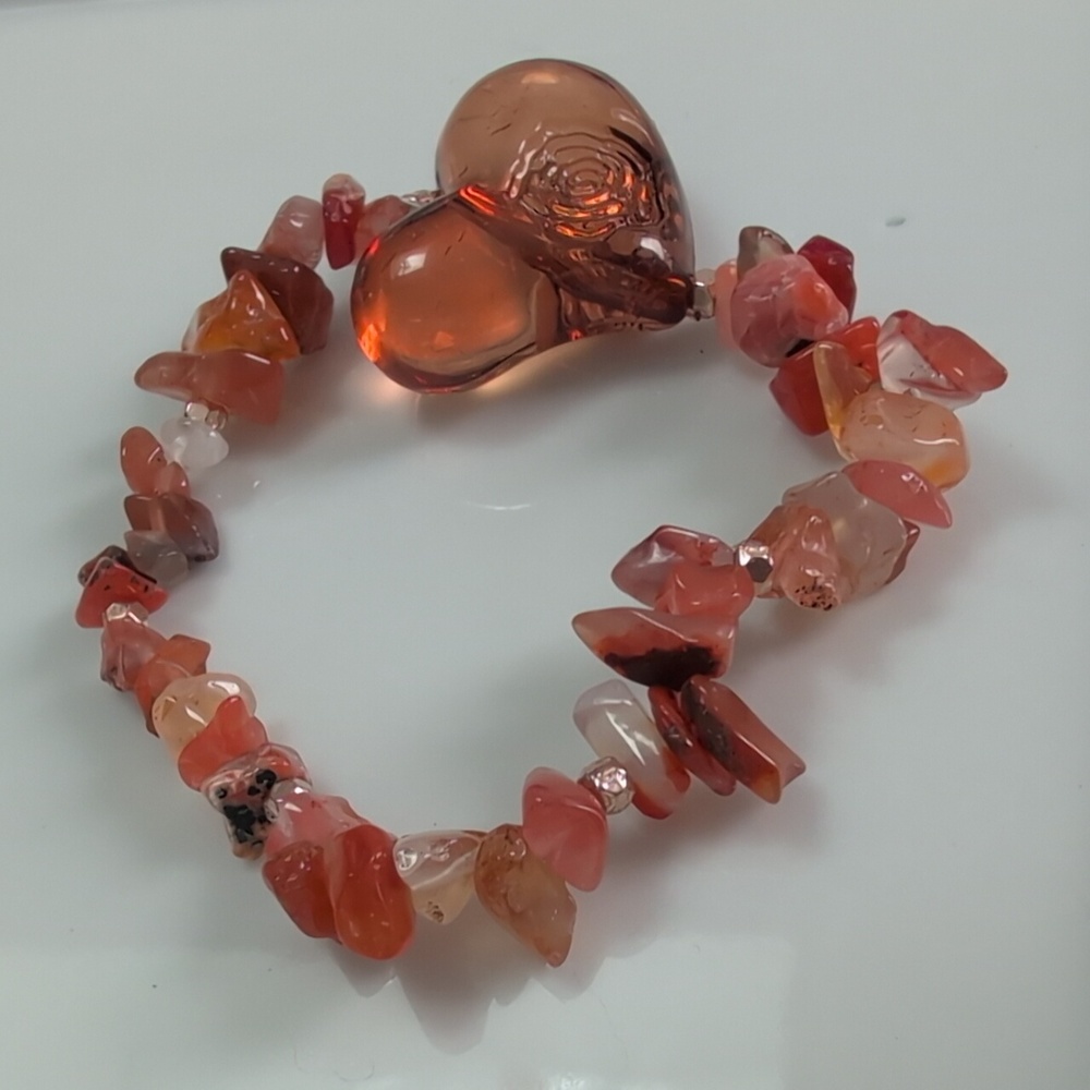 Handmade Carnelian Chip Stretch Bracelet With Heart Charm Boho Bracelet 6.5"